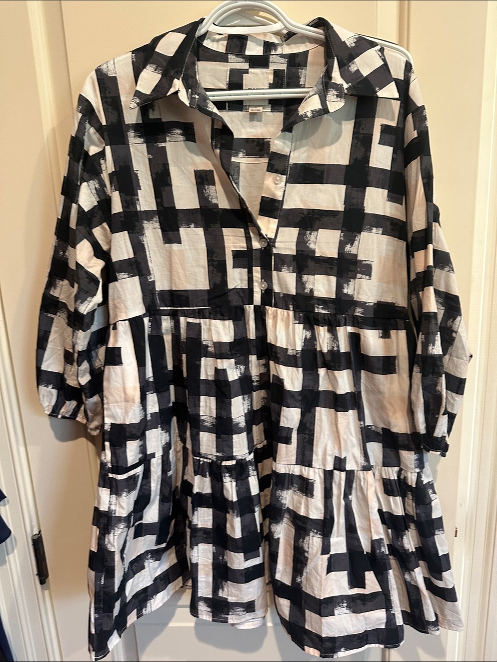 Maeve Black & White Checked Tiered Button-Front Shirt Dress